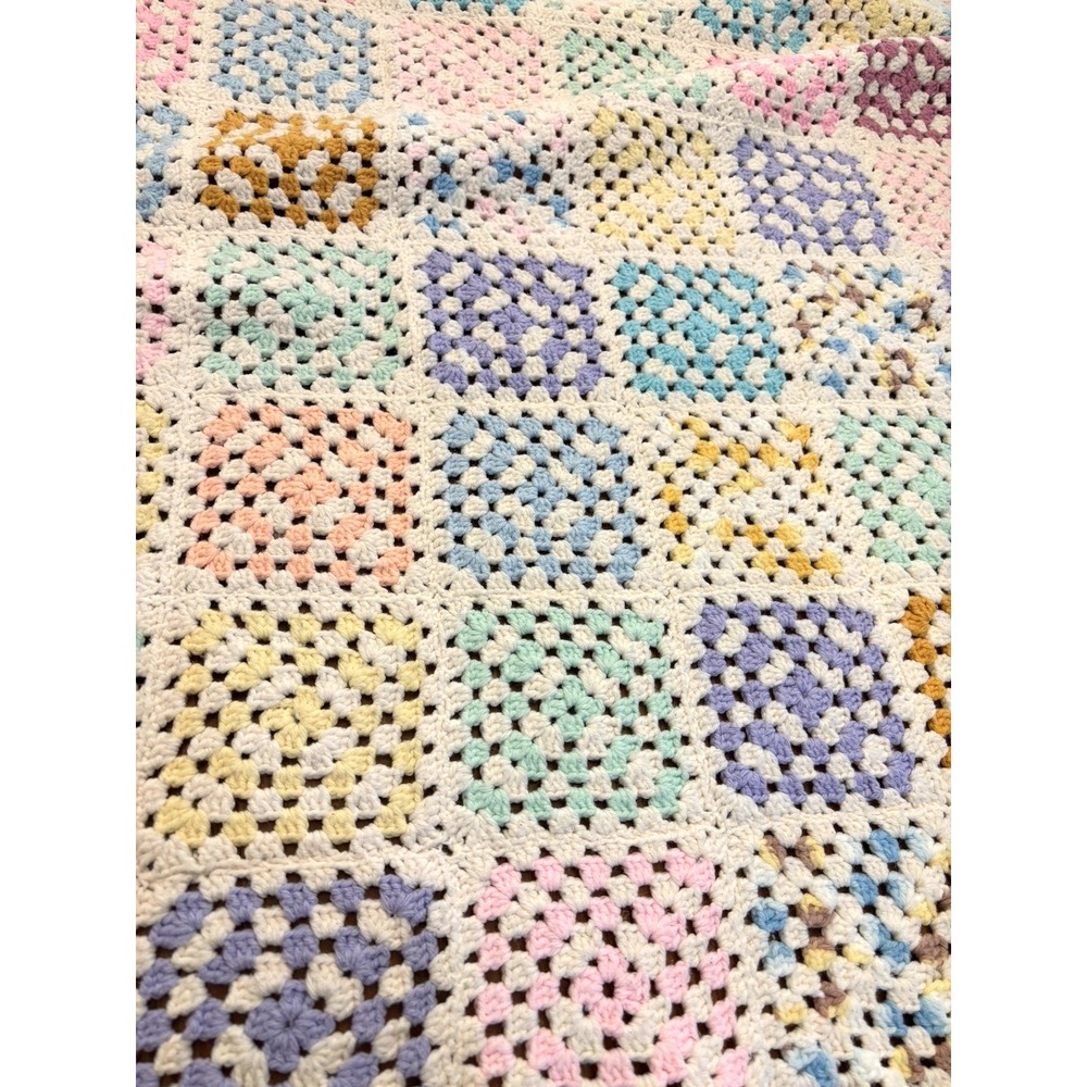 Vtg Pastel Crochet Afghan Blanket Granny Square Cottagecore 55x72" Unisex
